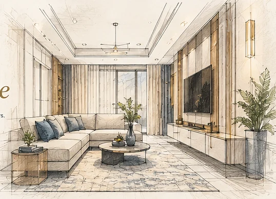 Original GRIIHAM STUDIO architectural concept illustration: hero living